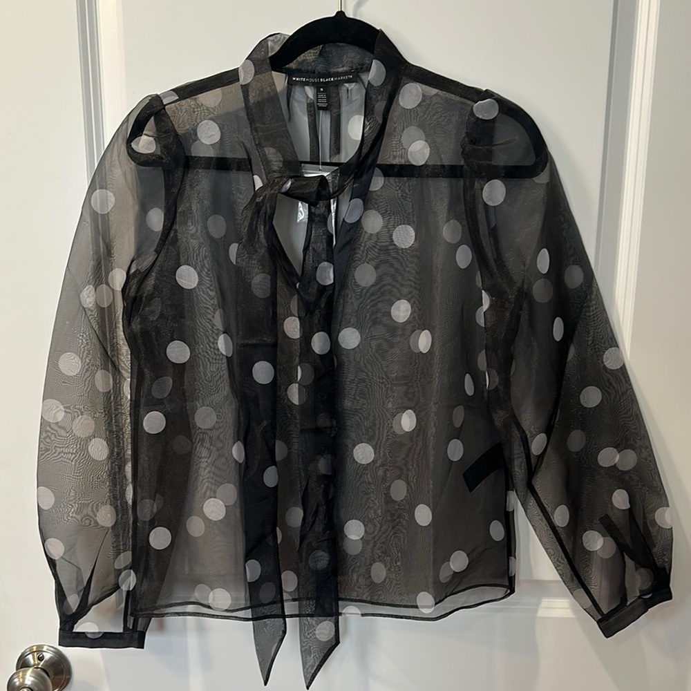 NWT White House Black Market Black & White Polka Dot Sheer Organza Women's Top